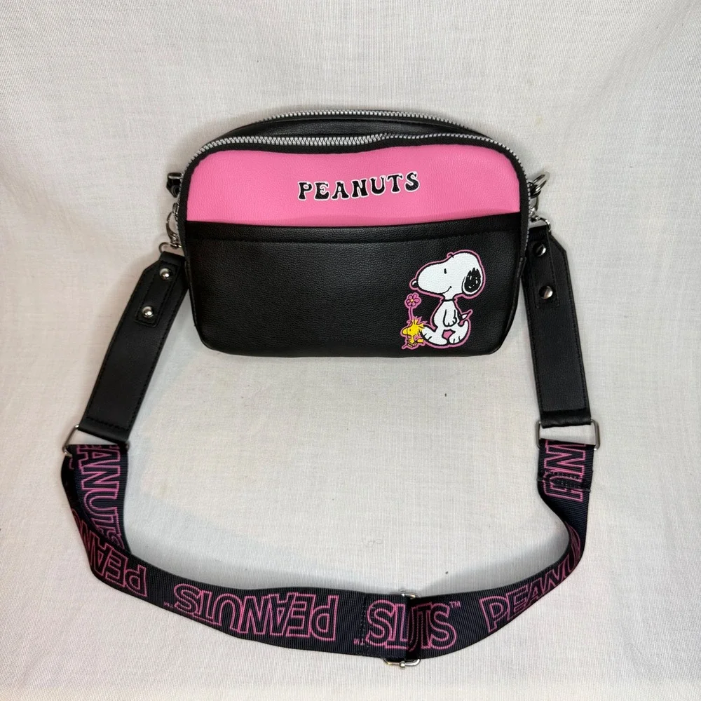 Peanuts Snoopy Woodstock Crossbody Bag Pink Black Camera Bag Faux Leather