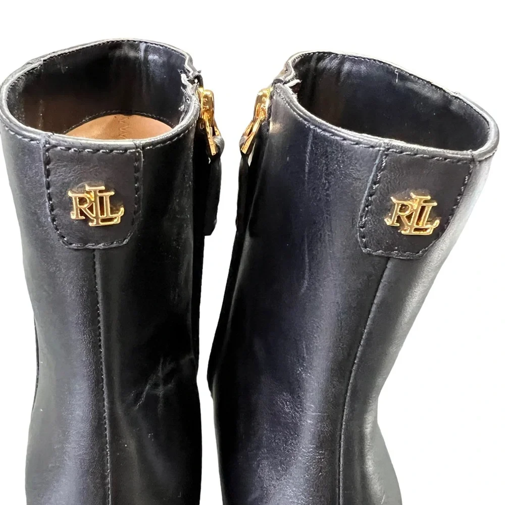 Lauren Ralph Lauren Willa Square Toe Booties Black Burnished Calf Leather 9.5