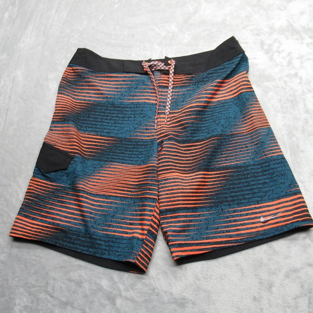 Nike Swim Shorts Mens 32 Orange Blue Striped Cargo Pocket‎ Lace Up Trunks Board