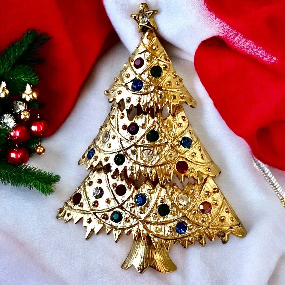 Eisenberg Ice Vintage Christmas Tree Pin Brooch Multi-Color Rhinestones Signed