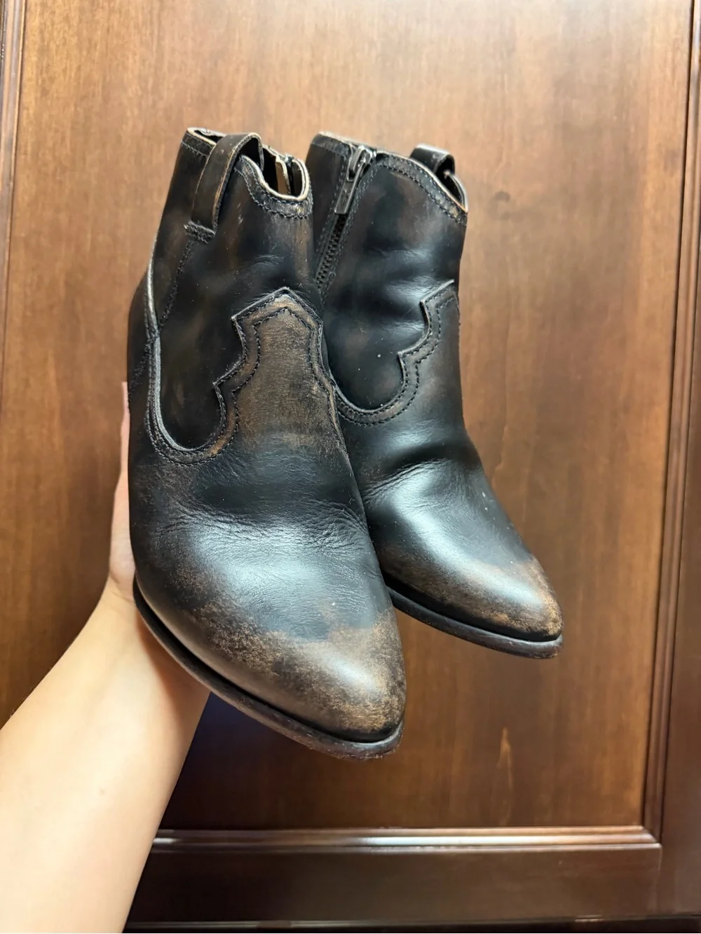 Frye Black Distressed Leather Ankle Booties