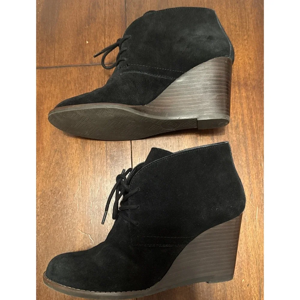 Lucky Brand LZ Yamens Booties Women 7.5 Black Suede Wedge Lace‎ Up Ankle Boots