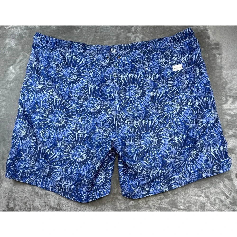 Peter Millar Shell Print Men's XL Swim Shorts Blue Drawstring Waist‎ Pockets