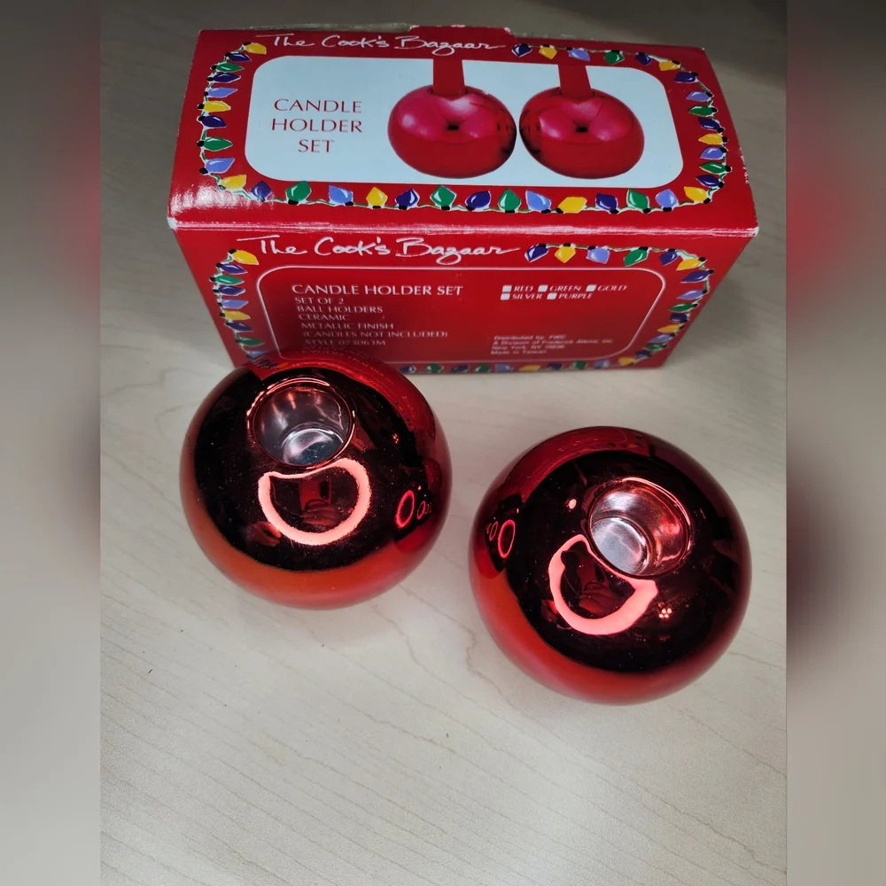 Vintage Christmas The Cook's Bazaar Ceramic Metallic Red Candle‎ Stick Holders