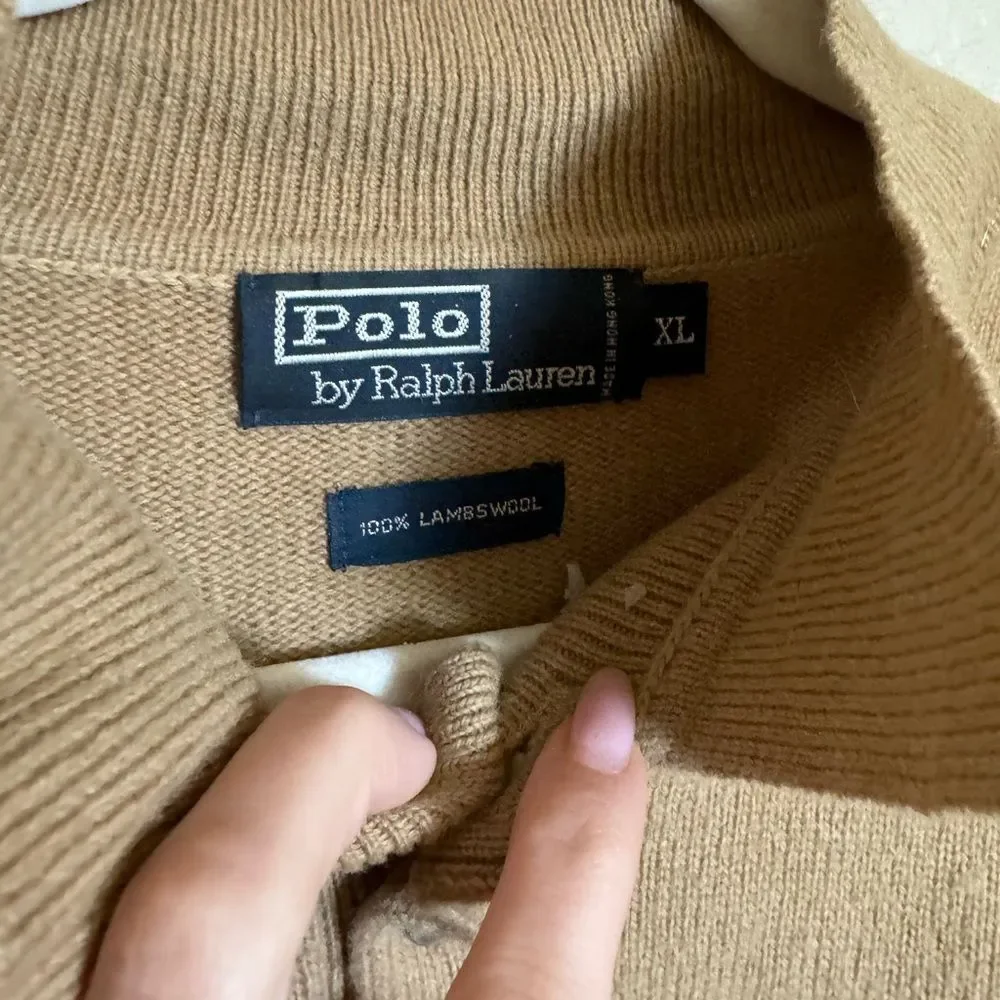 Vintage Polo Ralph Lauren Italian Lambswool‎ Polo Sweater XL Tan Collared