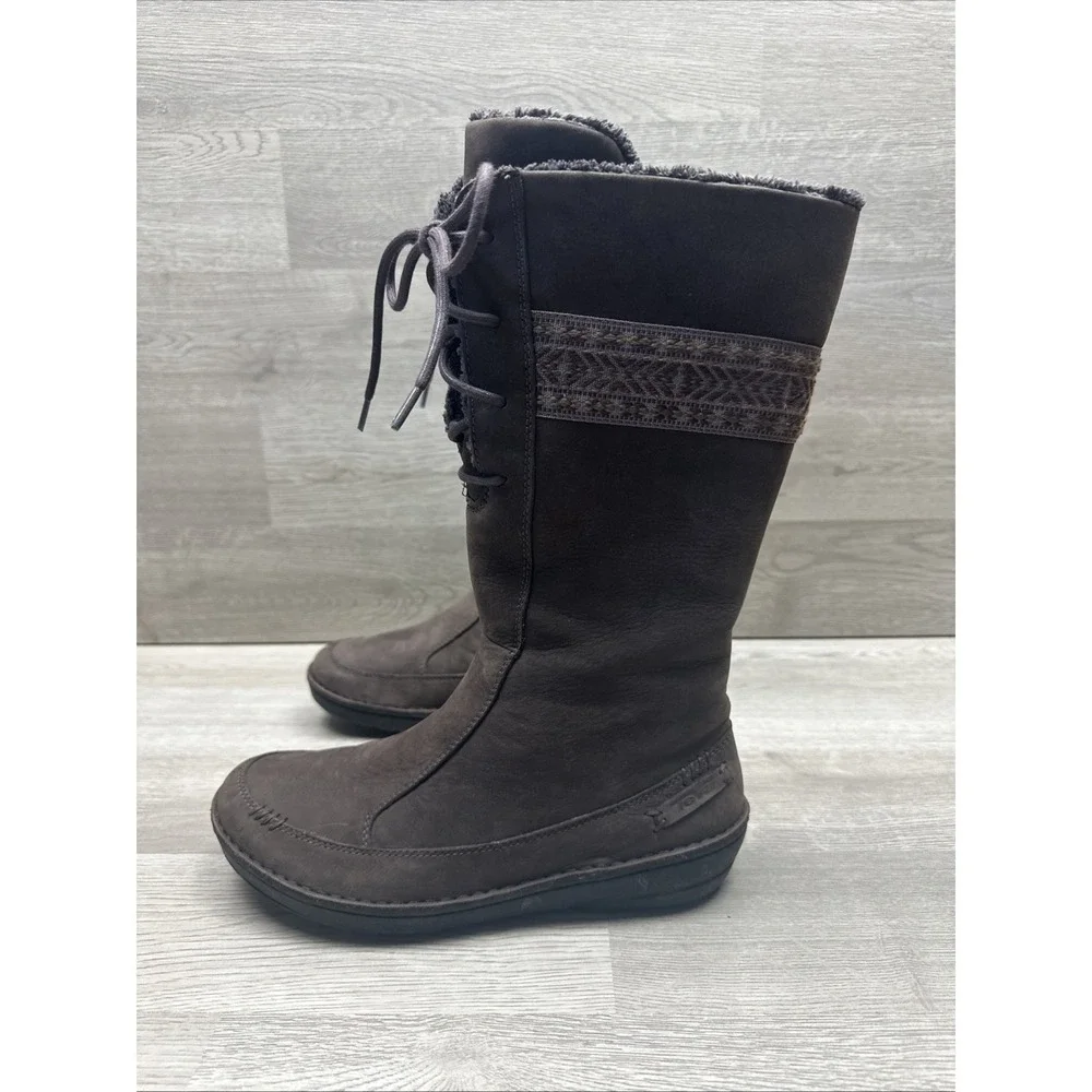 TEVA‎ Kiru Brown Nubuck Leather  Fleece Lined Mid Calf Boots Decorative Woven 8