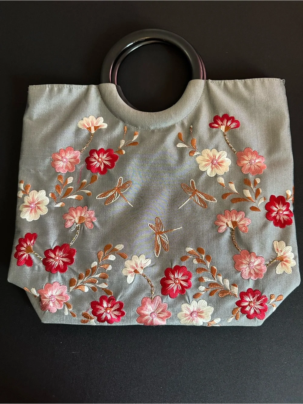 Embroidered Floral Tote Bag with Round Handles - Gray & Pink