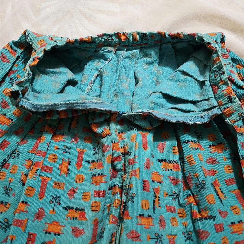 Vintage 1970s 70s Corduroy 2 Piece Vest Skirt Set Kids Childrens Trains