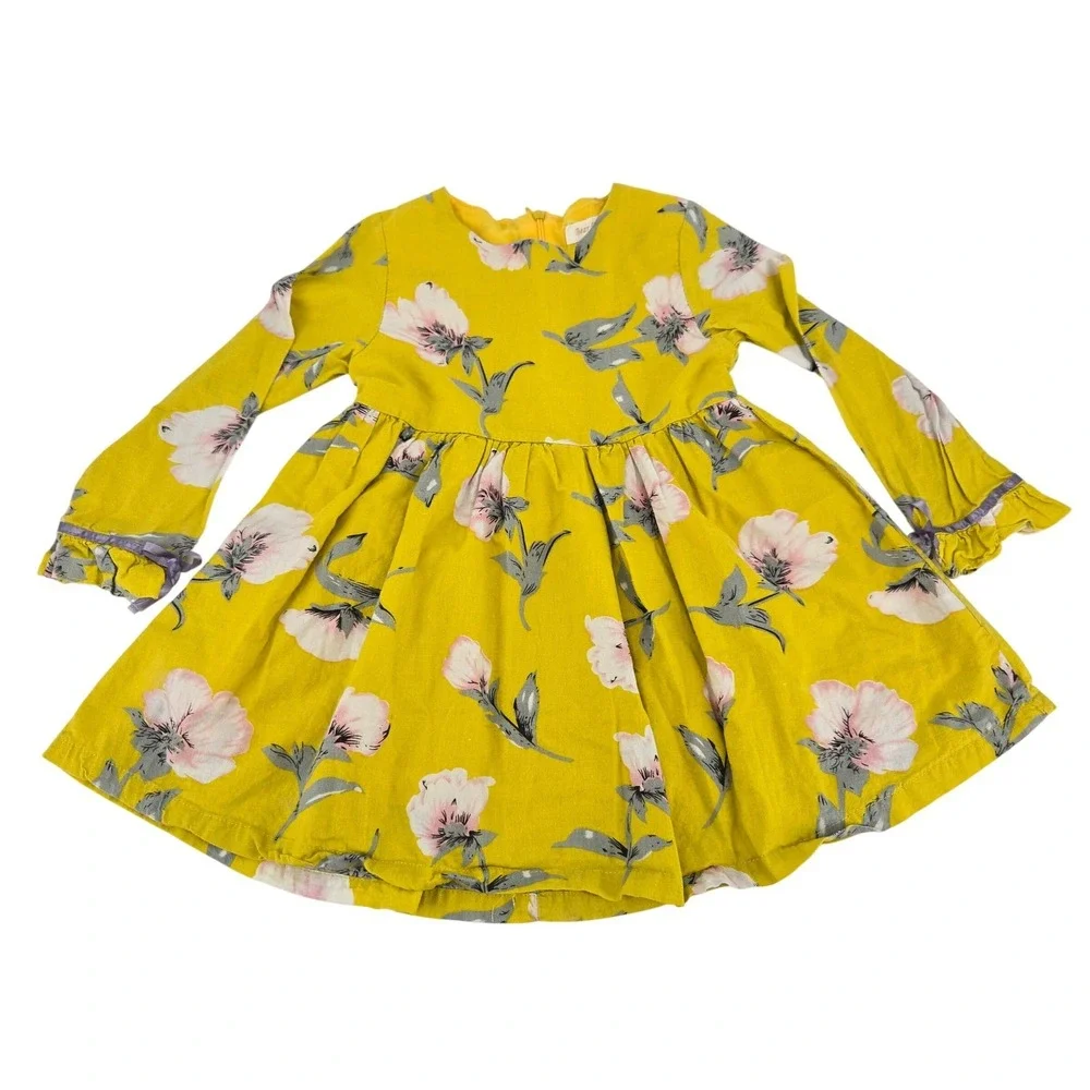 Bear Leader Mustard Yellow Floral Ruffle Sleeve Cotton Jumper Dress‎ Size 120