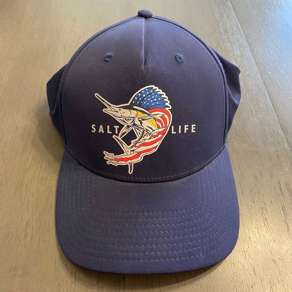 Salt Life Mens‎ Navy Blue Marlin American Flag Performance Hat Adjustable Cap