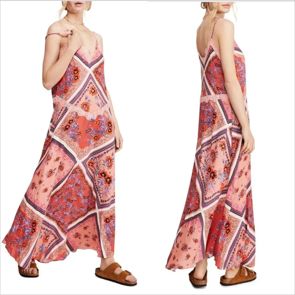 Free People Stevie Printed Maxi Slip Dress Size Large Floral Patchwork Scarf