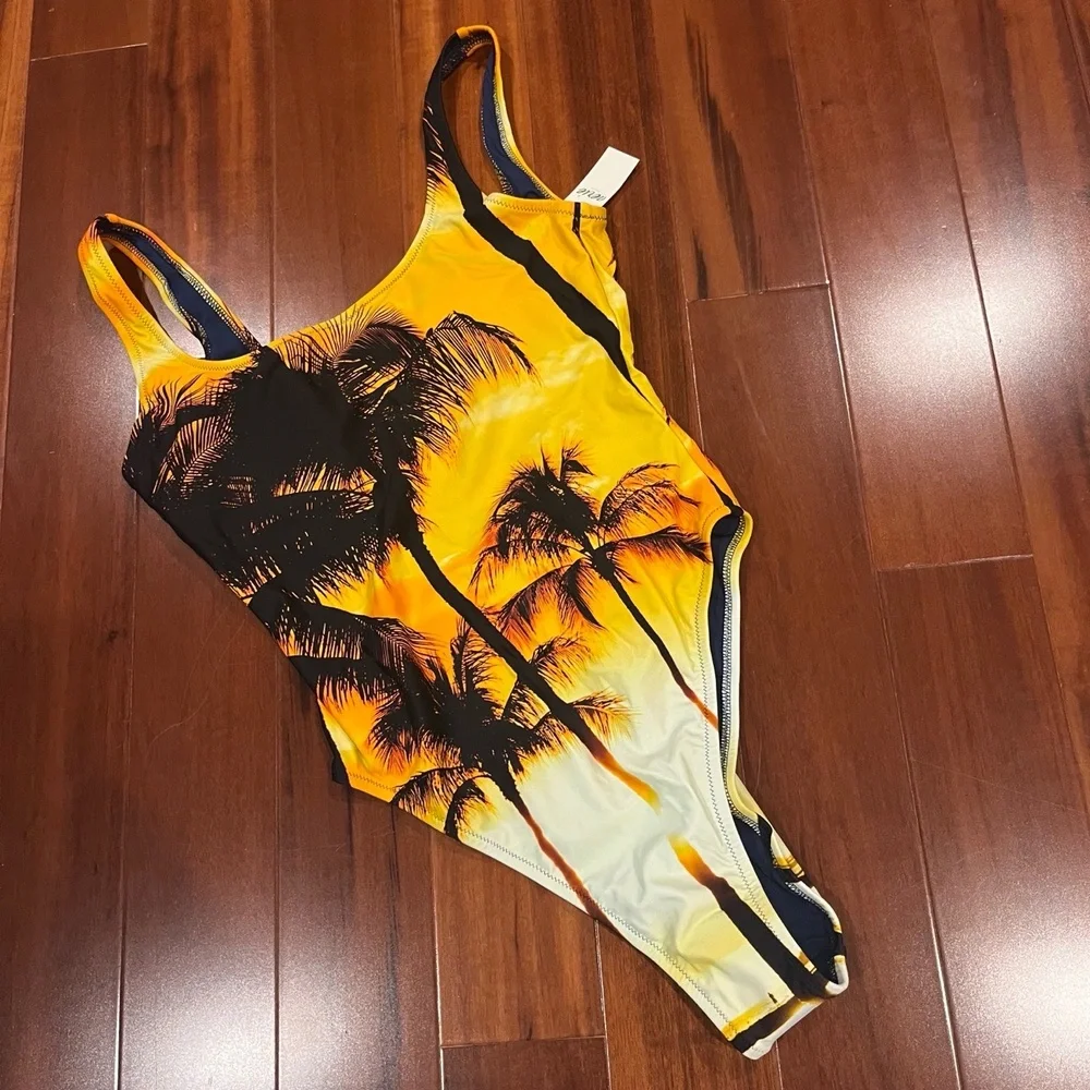 New NWT Aerie Swimsuit One-Piece Cheekiest Sunset Palm Tropical Yellow Sz Small‎