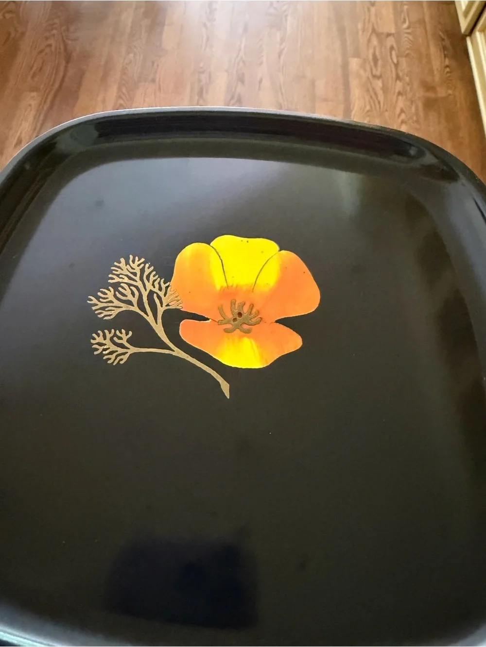 Couroc Black Square Tray with Orange Poppy Inlay