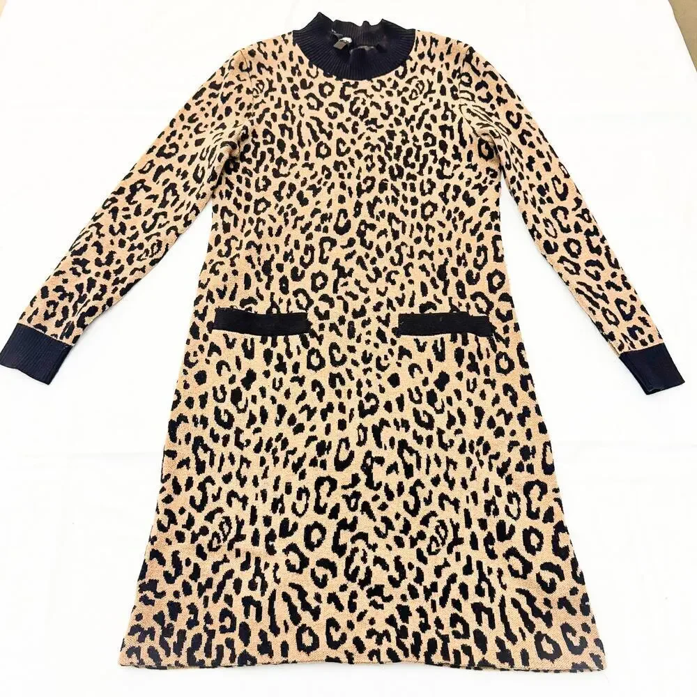 J. Crew Merino Wool Blend Leopard Print Long Sleeve Sweater Dress Size XS