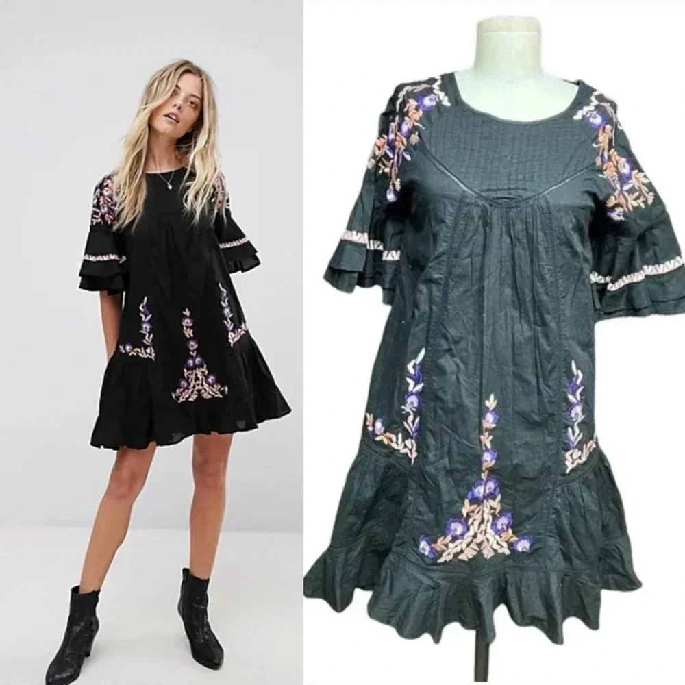 Free People Pavlo Embroidered Smock‎ Dress Black Purple Floral Size XS