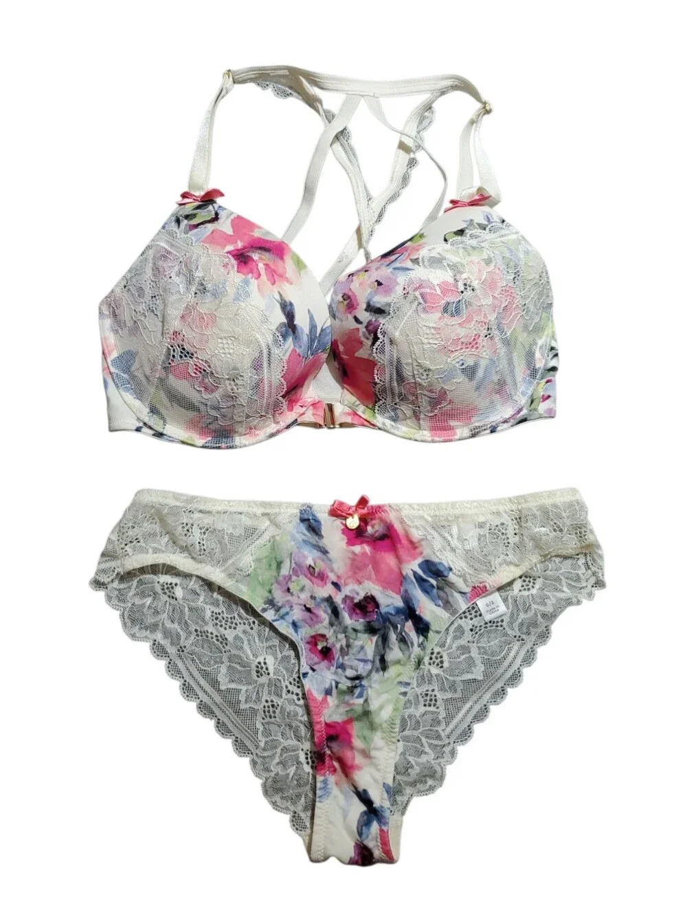 Cacique Cream and Pink Floral Lace Bra Set
