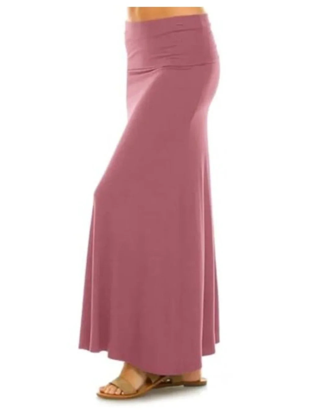 Women's Comfy High Waist A-Line Maxi Skirt Flowy Fold Over Stretchy Knit Made