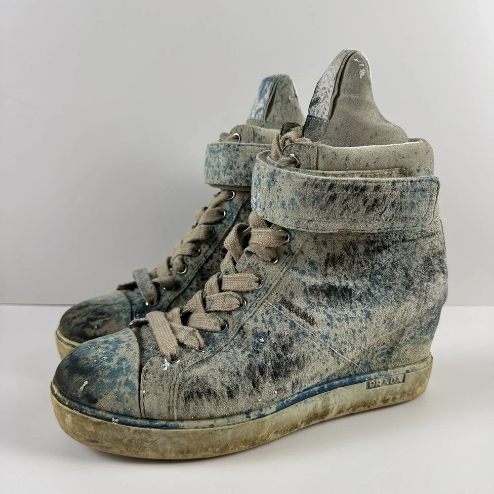 Prada Paint Splatter Artsy Wedge Sneakers Shoes Leather‎ High Top EU 37.5 US 7