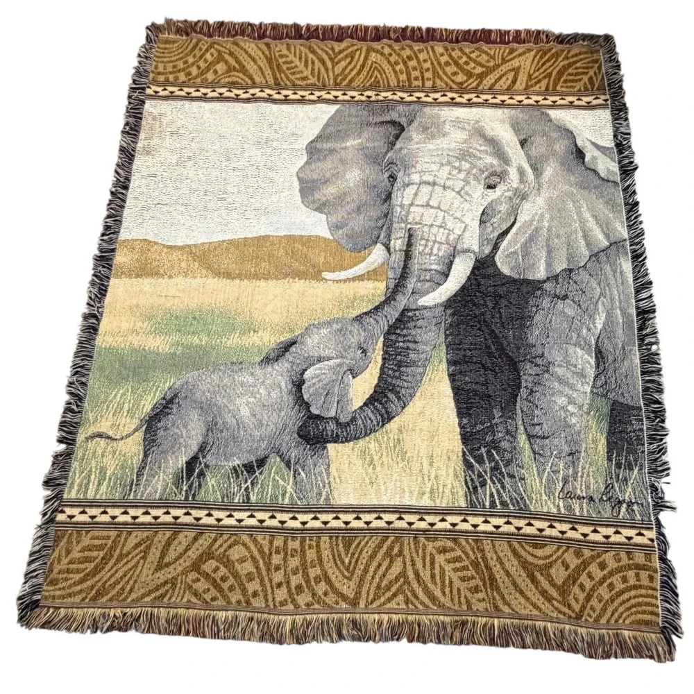 Vintage Laura Reagan‎ Woven Tapestry African Elephant Mother Baby Safari Throw