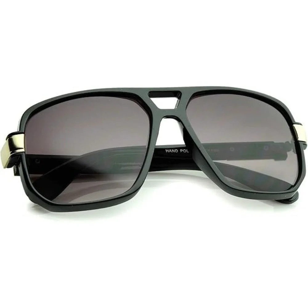 Aviator Classic Flat Top Metal Accented Temples Black Lens Square Glasses Lentes
