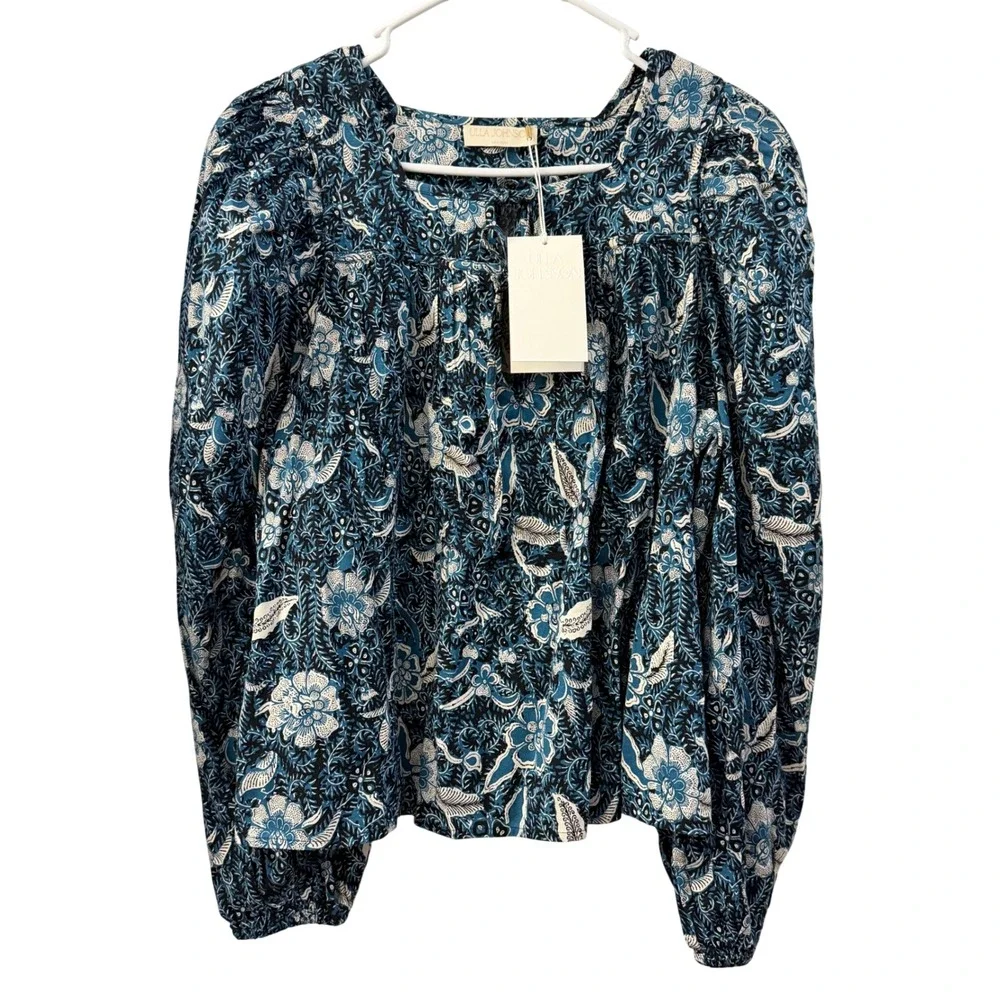 Ulla Johnson Issa Blouse Midnight Blue Floral Puff Sleeve Size 2 NWT Cottagecore