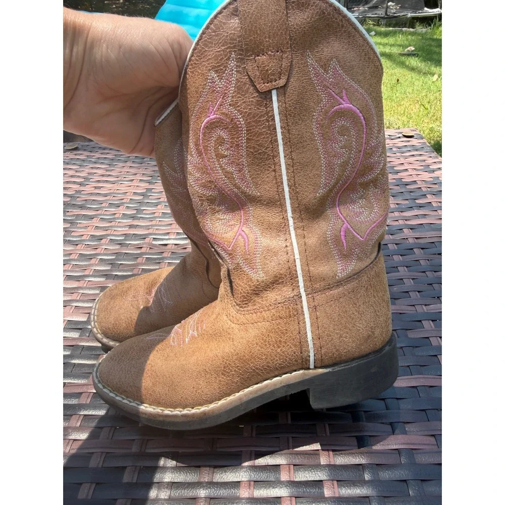 BVB Kids Brown Pink Embroidered Square Toe Western Cowboy Boots Size 12 BVB9155