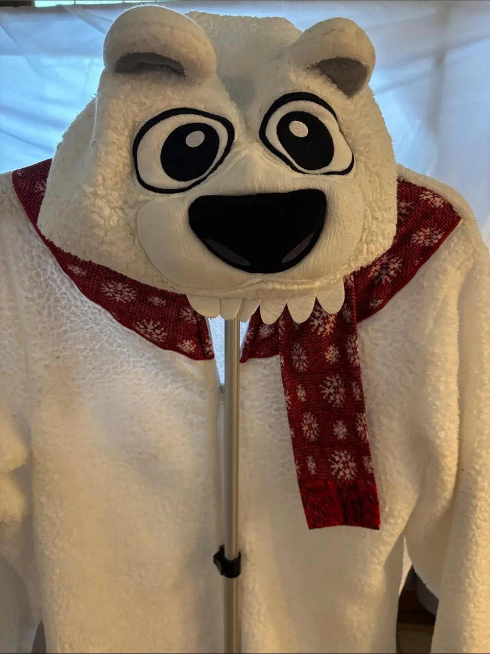Briefly Stated White Polar Bear One-Piece with Red Scarf costume adults.
