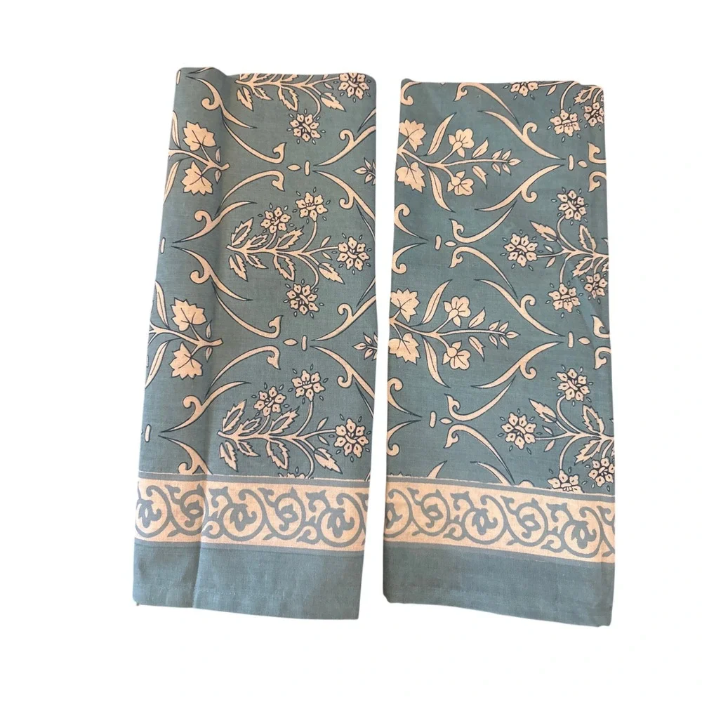 The Painted Cottage Blue White Floral Cotton Tea Towels Set of 2 India 27x19