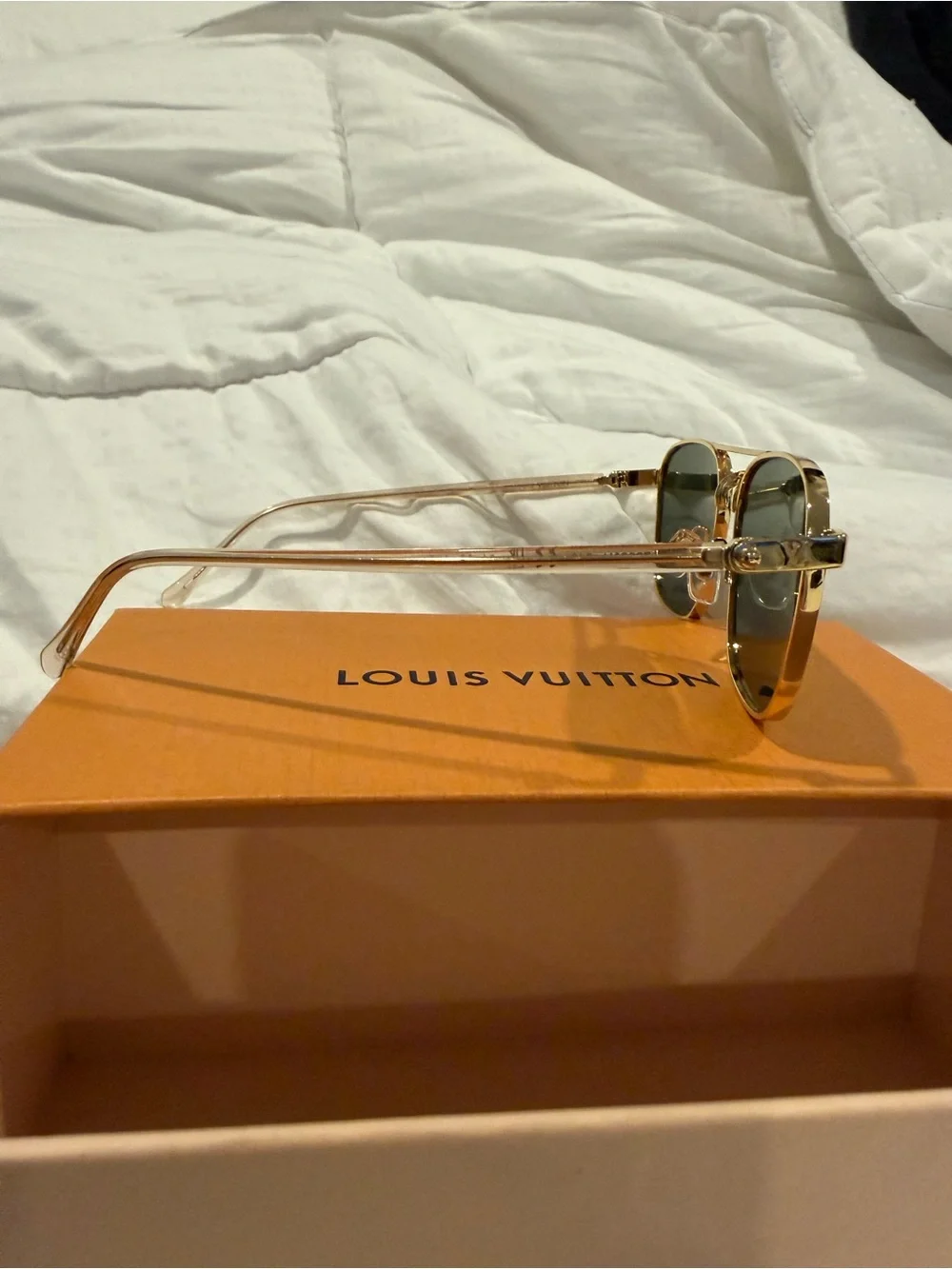 Louis Vuitton Gold Frame Sunglasses with Dark Green Lenses and Orange Box