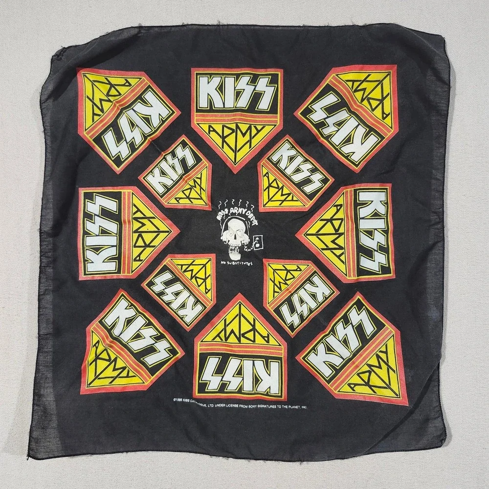 Vintage 1995 KISS Army Bandana Black Rock Band Logo Skull Print 20x19.5 Retro