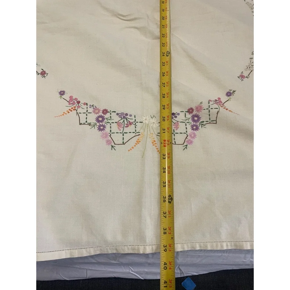 Cross stiched Antique Tablecloth Embroidery Ivory Beige