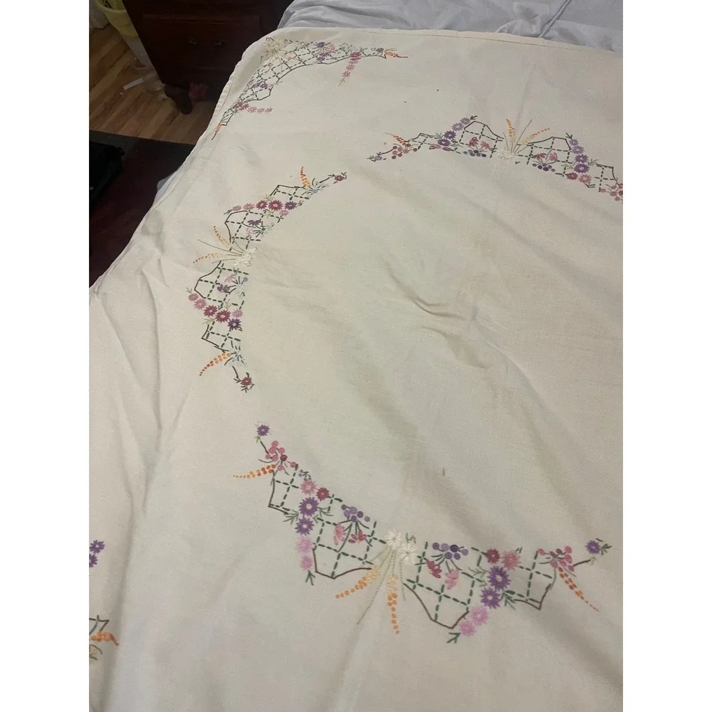 Cross stiched Antique Tablecloth Embroidery Ivory Beige