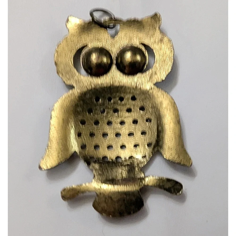 Vintage Owl Pendant Brass Gold Tone Black Stone Eyes 1.75