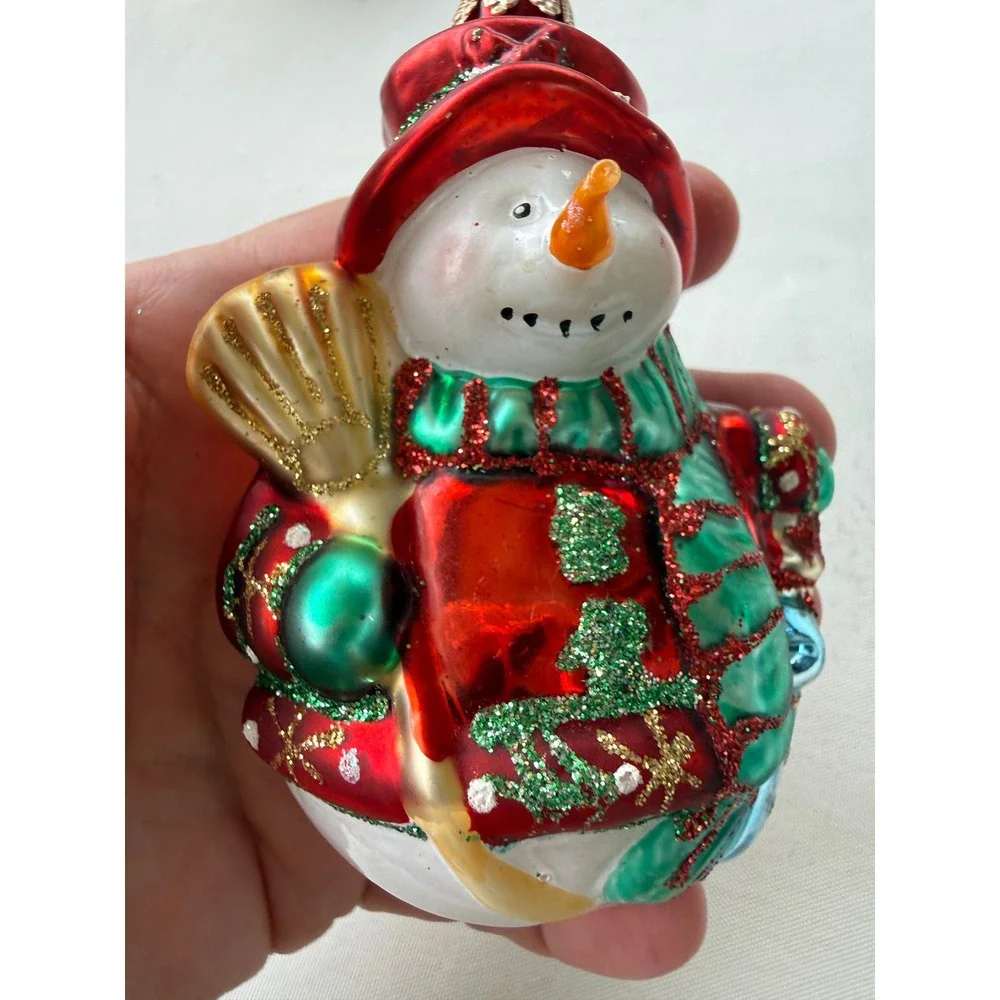 Red Green Blown Glass Snowman Christmas Ornament Glitter Accents 4 Inch Holiday