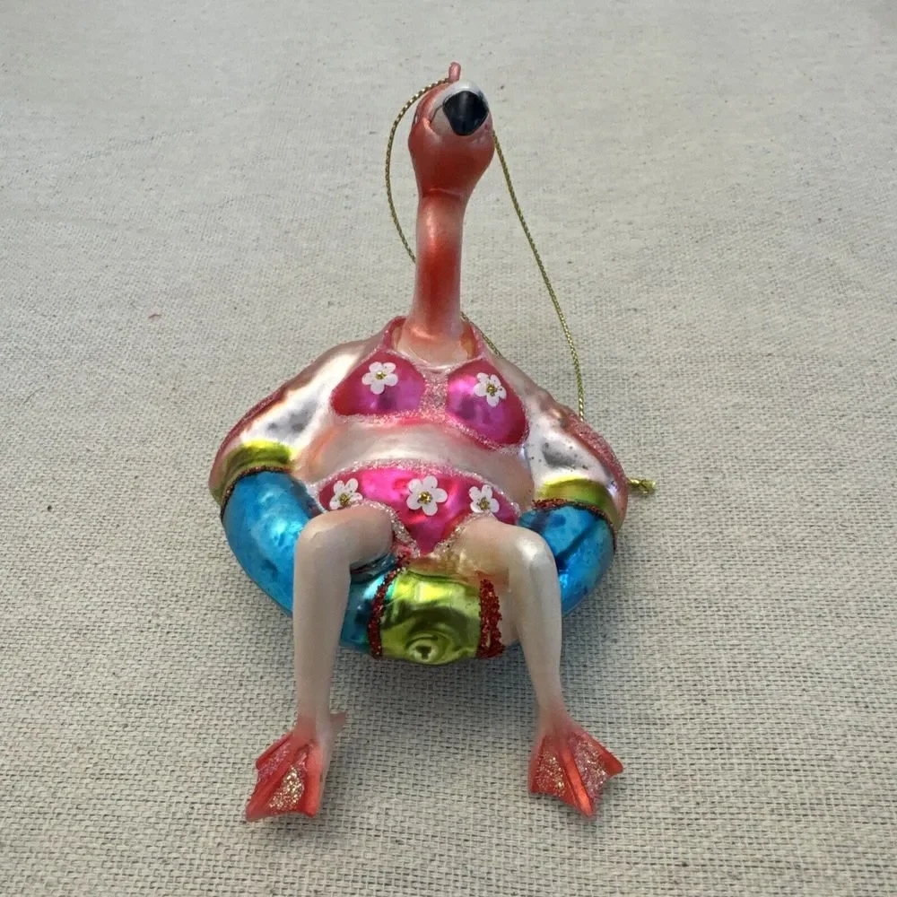 Flemingo Tubing Tube Xmas Blown Glass Ornament Bikini Float Life Saver Ring Pink