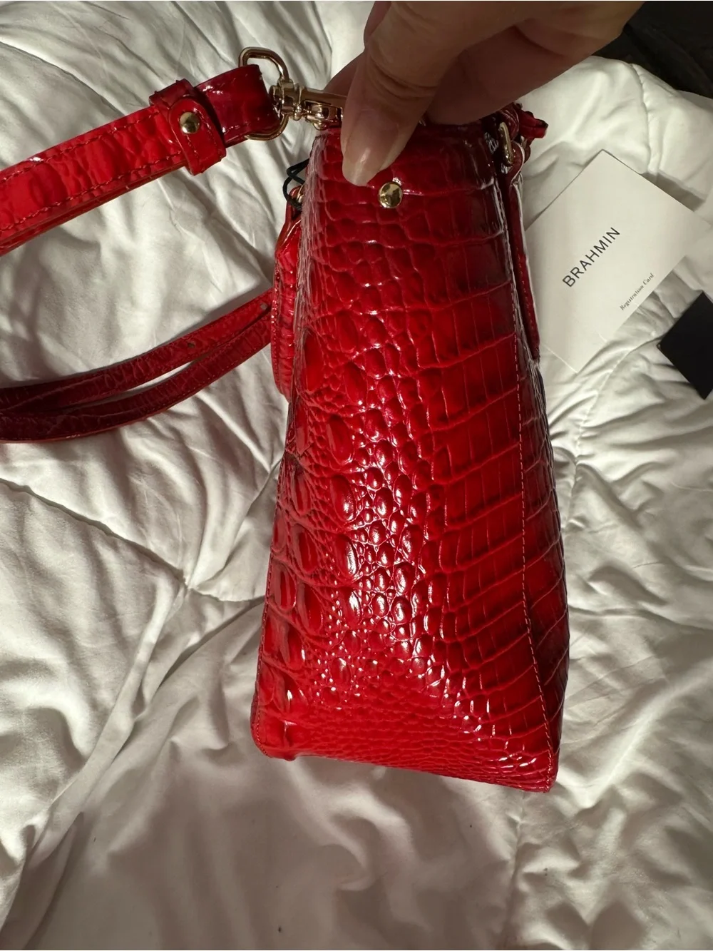 Brahmin Glossy Red Croc-Embossed Satchel with Gold Accents