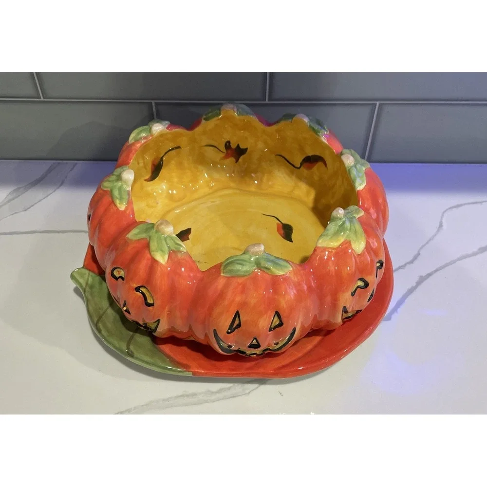 Certified International Halloween Pumpkin Cookie Platter & Candy Bowl Set Orange