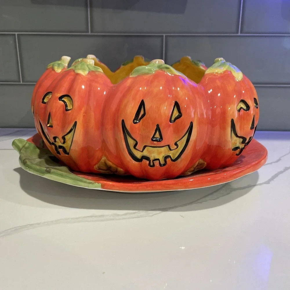 Certified International Halloween Pumpkin Cookie Platter & Candy Bowl Set Orange