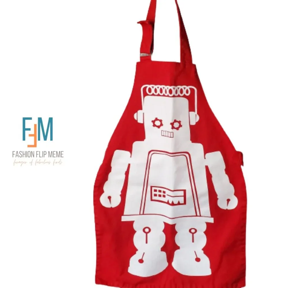 Old Navy Red & White Retro Cotton Canvas Robot Apron Youth OS Unisex VTG New!