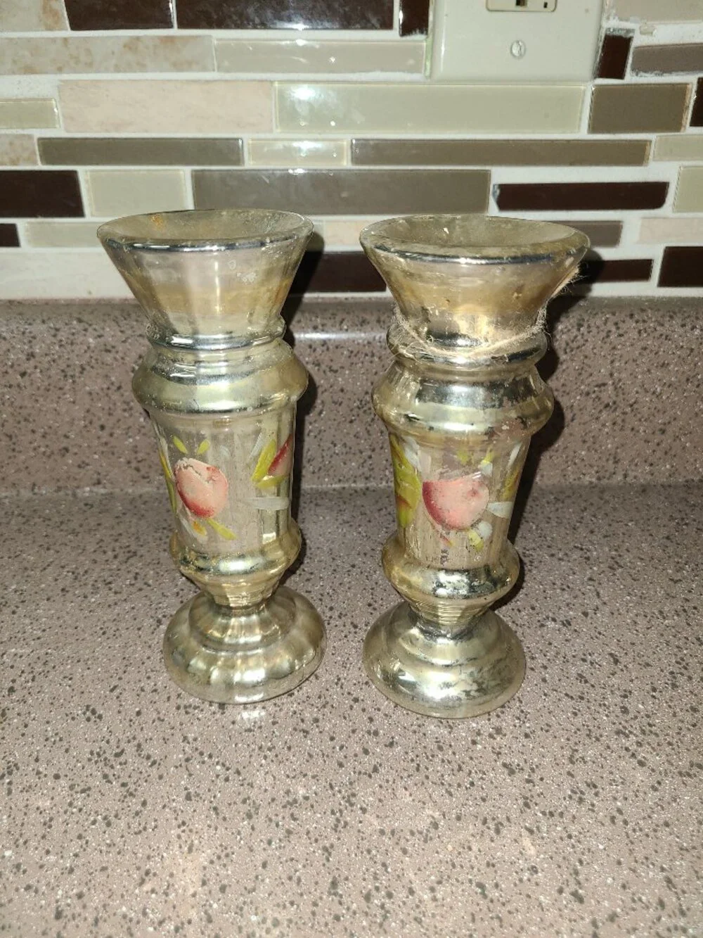 Set Of 2 Antique Silver Mercury Glass Candle Holders 6.5