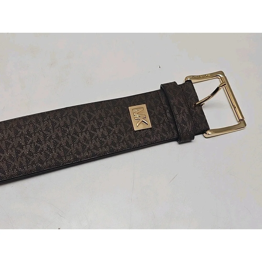 Michael Kors Belt Size L/XL Elastic Stretch Signature Brown Logo Gold Buckle NWT