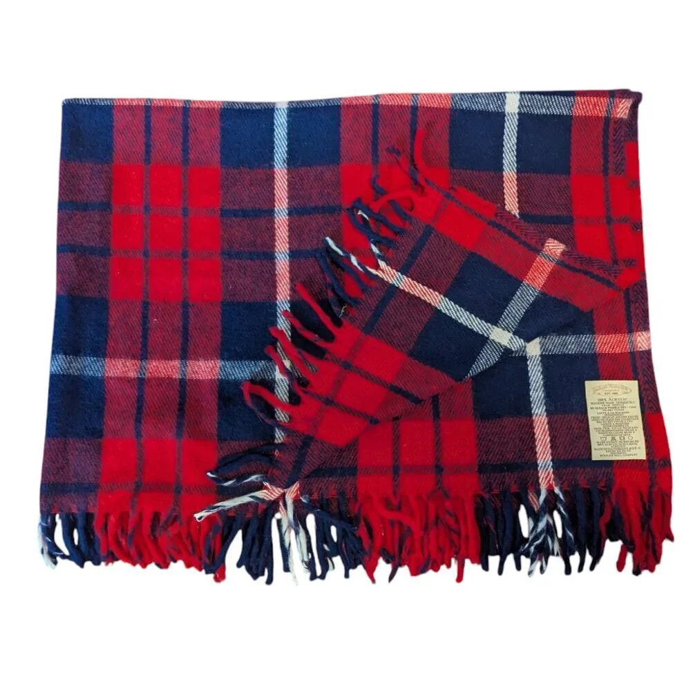 Vintage Faribo Faribault Woolen Mill Throw Blanket Stadium Lap‎ Plaid Preppy Red