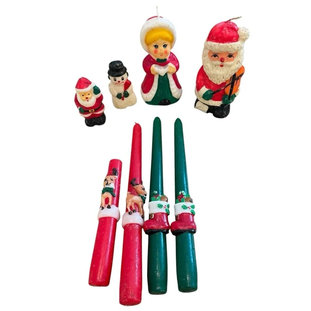 Vintage Christmas Candles Lot 8 Mid Century Red Green Santa Snowman Caroler MCM