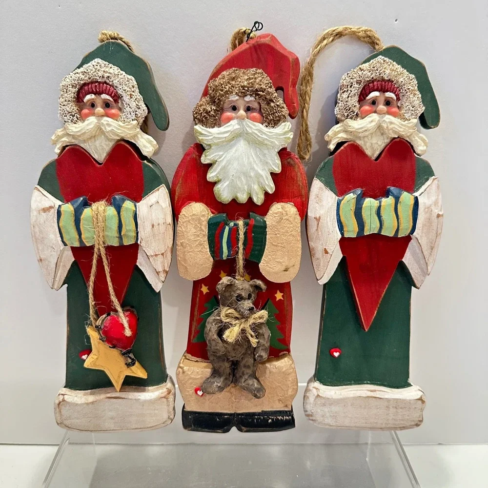 Kurt S Adler Wood Santa Ornaments Set 3 Folk Art Red Green Heart Bear KSA‎ Inc