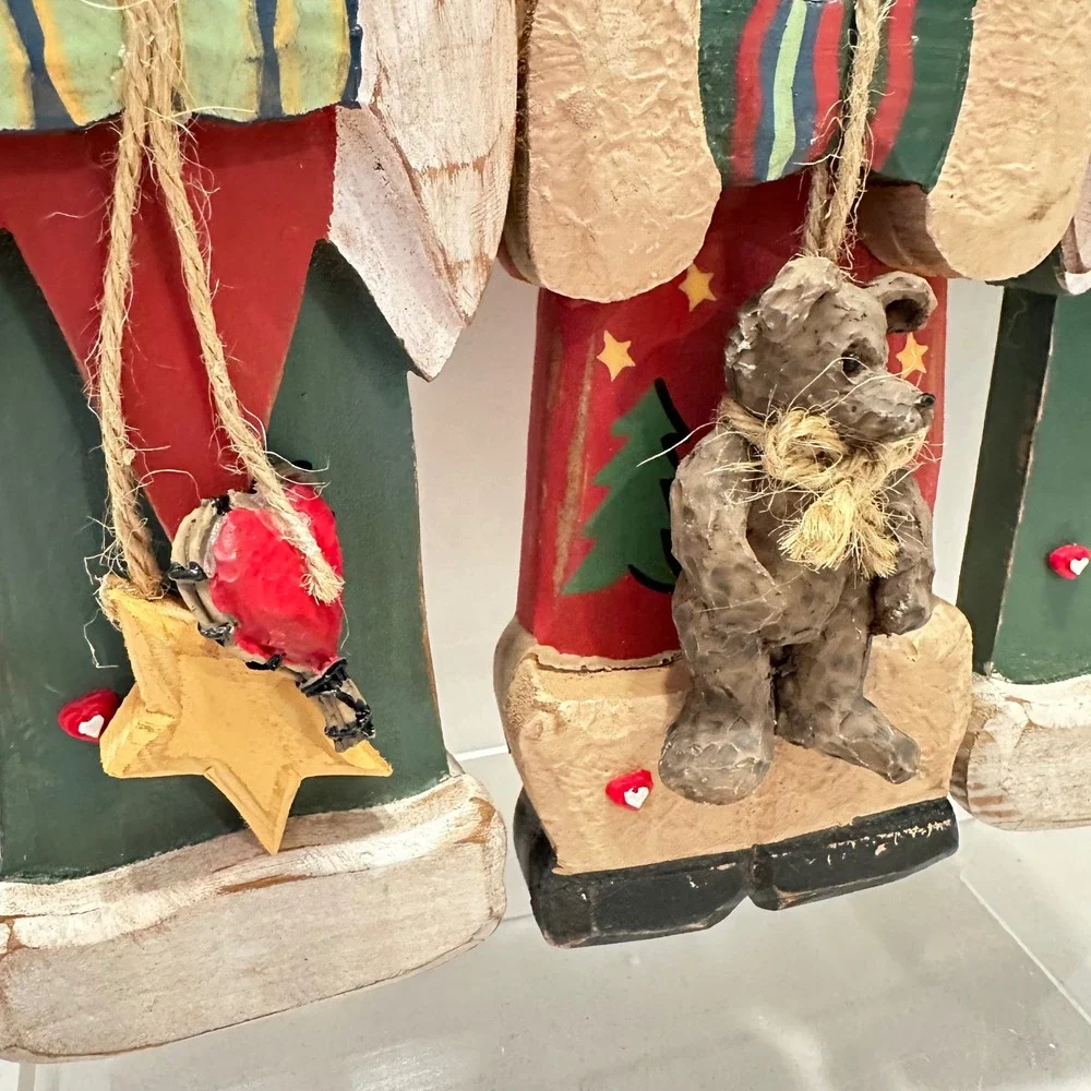 Kurt S Adler Wood Santa Ornaments Set 3 Folk Art Red Green Heart Bear KSA‎ Inc