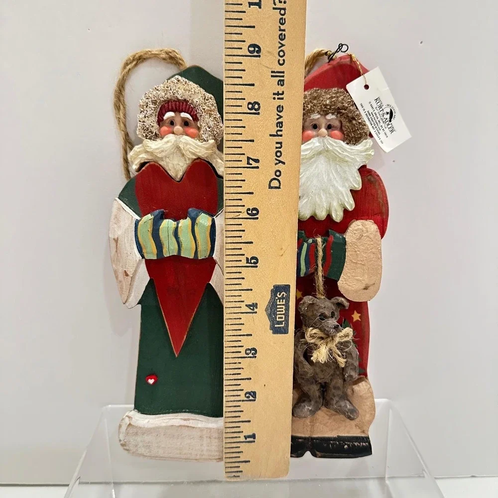 Kurt S Adler Wood Santa Ornaments Set 3 Folk Art Red Green Heart Bear KSA‎ Inc
