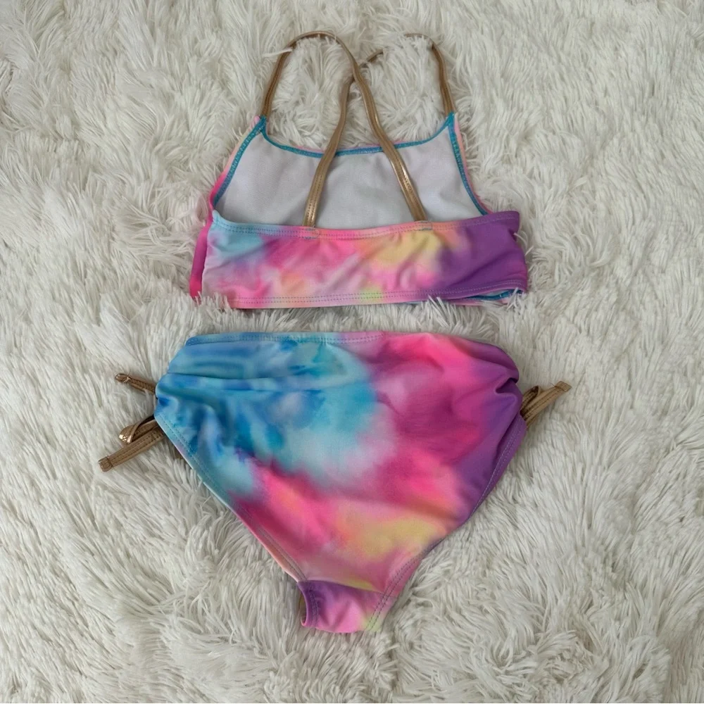 JUICY COUTURE Girls Tie Dye Bikini Swimsuit Pink Blue Gold Size 7 NWOT