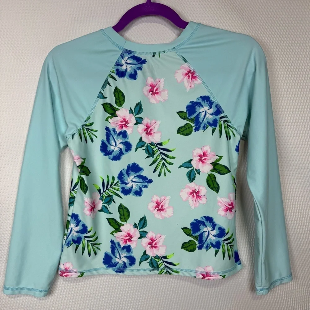 Miken Girls Tropical Flowers Rashguard Top Size XL 18-20 Blue Pink Long Sleeve