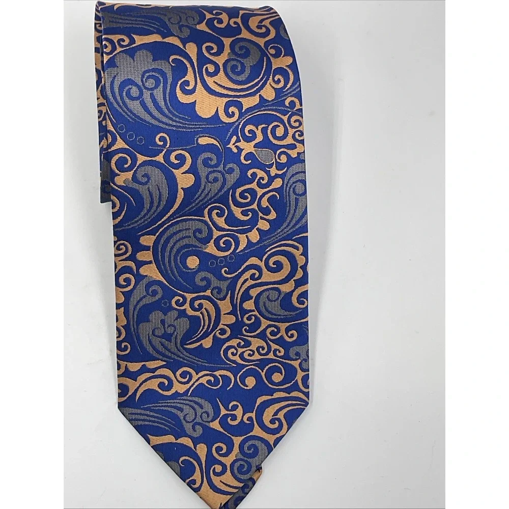New Japanese Silk Necktie Men's Blue & Bronze Jacquard Floral Paisley Print 57