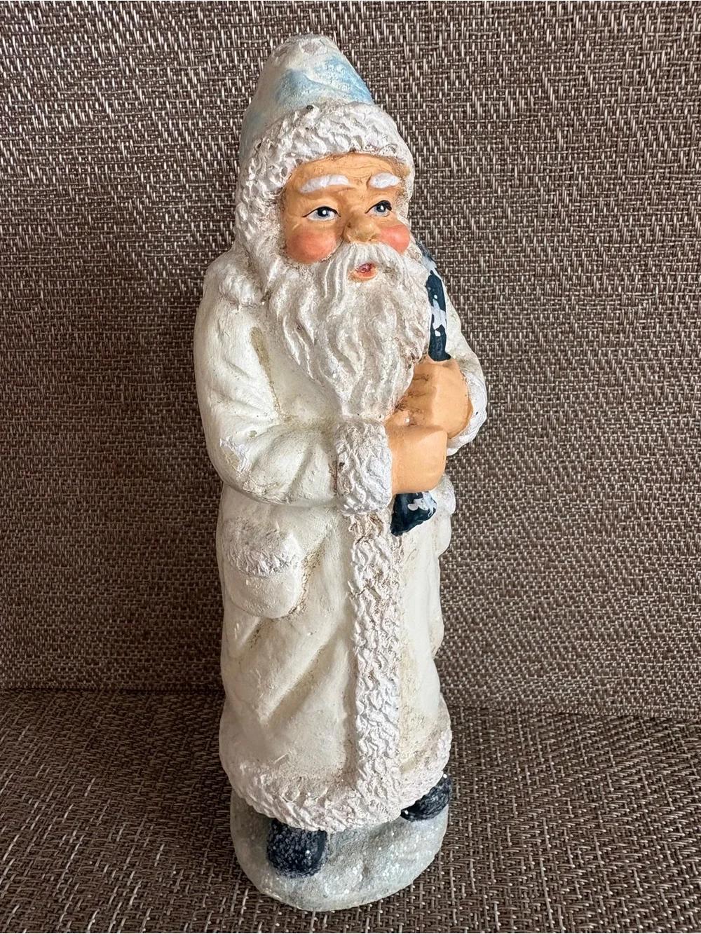 RAZ Imports White Father Christmas Santa Claus Figurine Blue Sack  Folk Art 7.5”